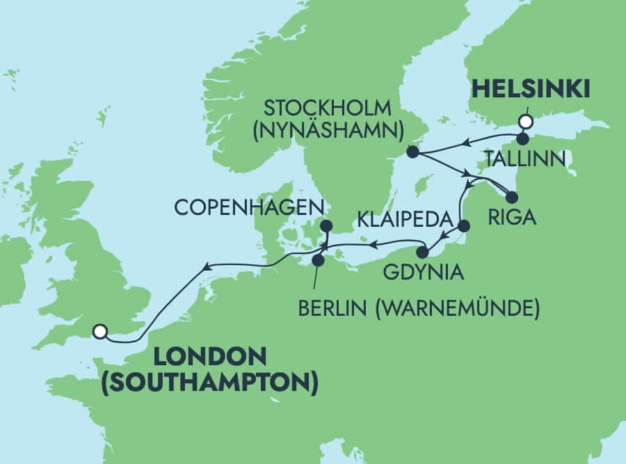 10 nights North European cruise on Norwegian Sun 
from 🇫🇮 Helsinki to 🇬🇧 Southampton 