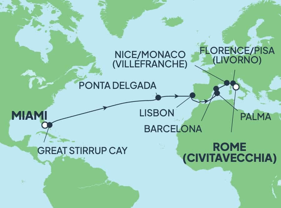 16 nights Transatlantic cruise on Norwegian Sun 
from 🇺🇸 Miami to 🇮🇹 Civitavecchia 