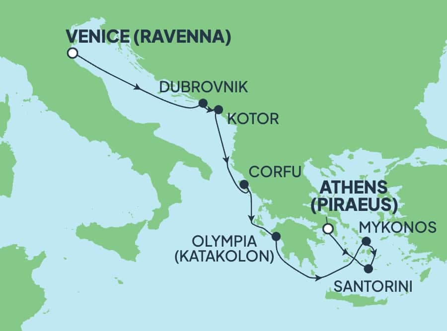 7 nights Mediterranean cruise on Norwegian Sun 
from 🇮🇹 Ravenna to 🇬🇷 Piraeus 