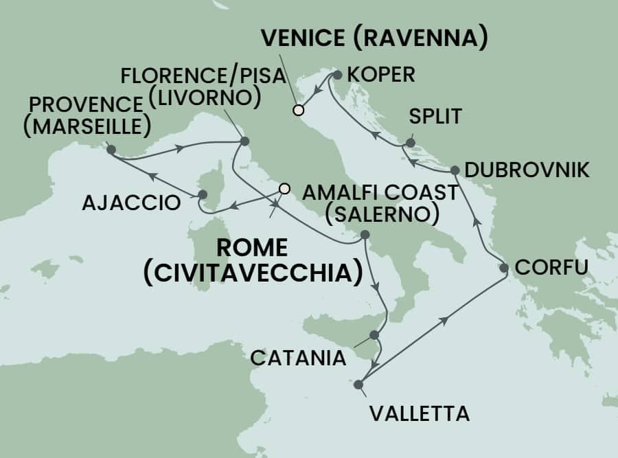 12 nights Mediterranean cruise on Norwegian Viva
from ๐ฎ๐น Civitavecchia to ๐ฎ๐น Ravenna
