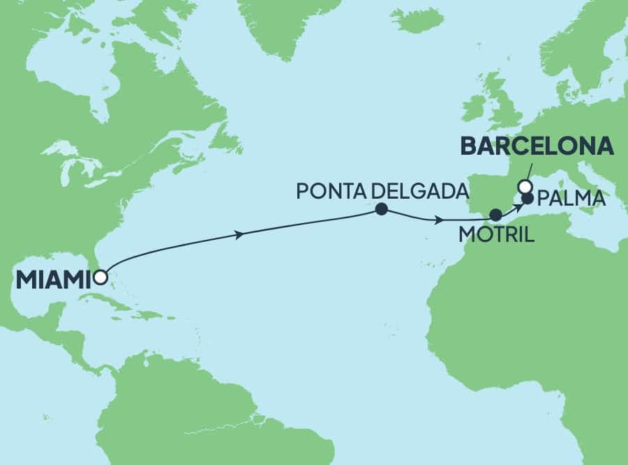 12 nights Transatlantic cruise on Norwegian Viva 
from 🇺🇸 Miami to 🇪🇸 Barcelona 