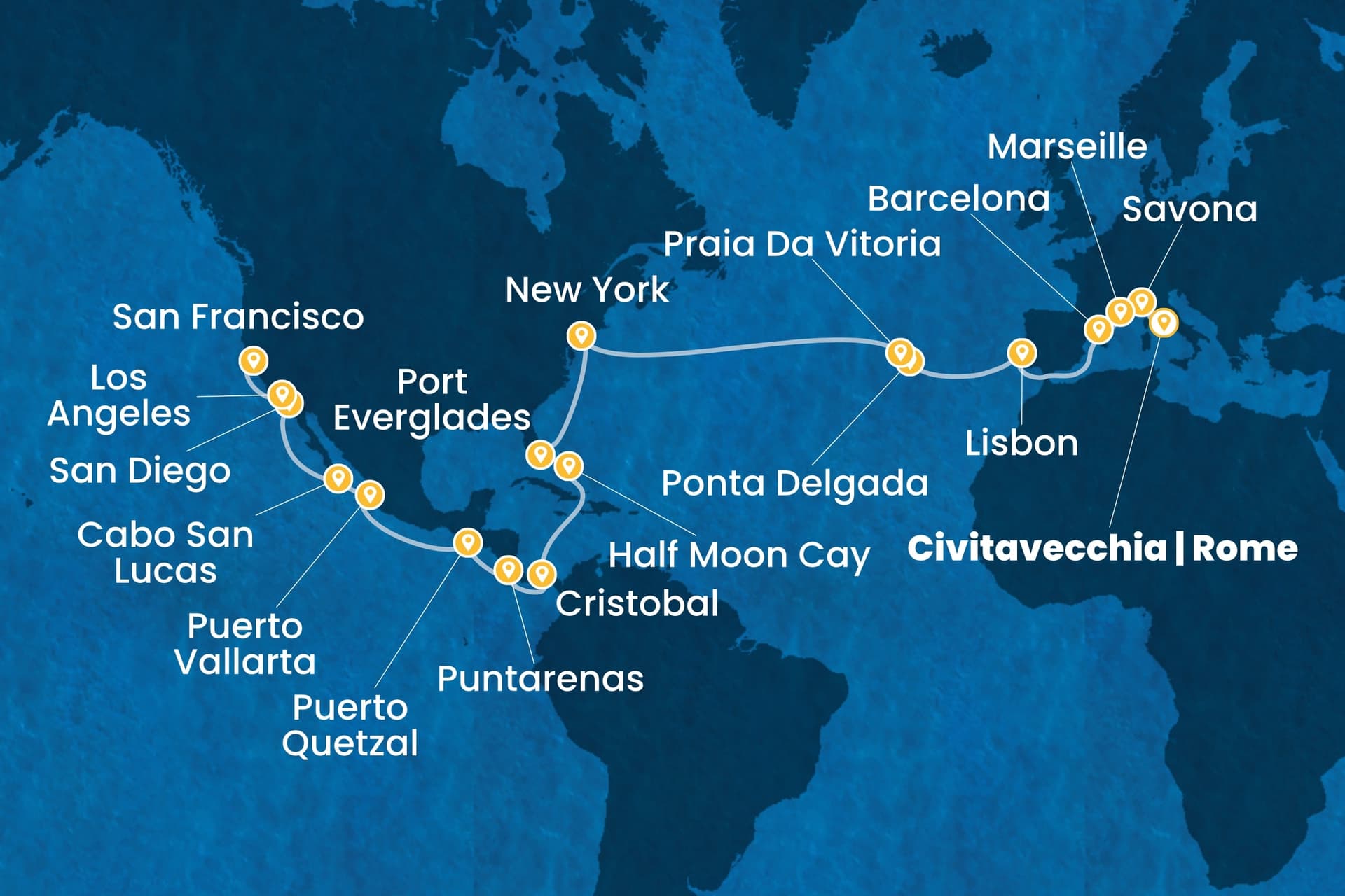 40 nights Extraordinary cruise on Costa Deliziosa
from ๐ฎ๐น Civitavecchia to ๐บ๐ธ San Francisco