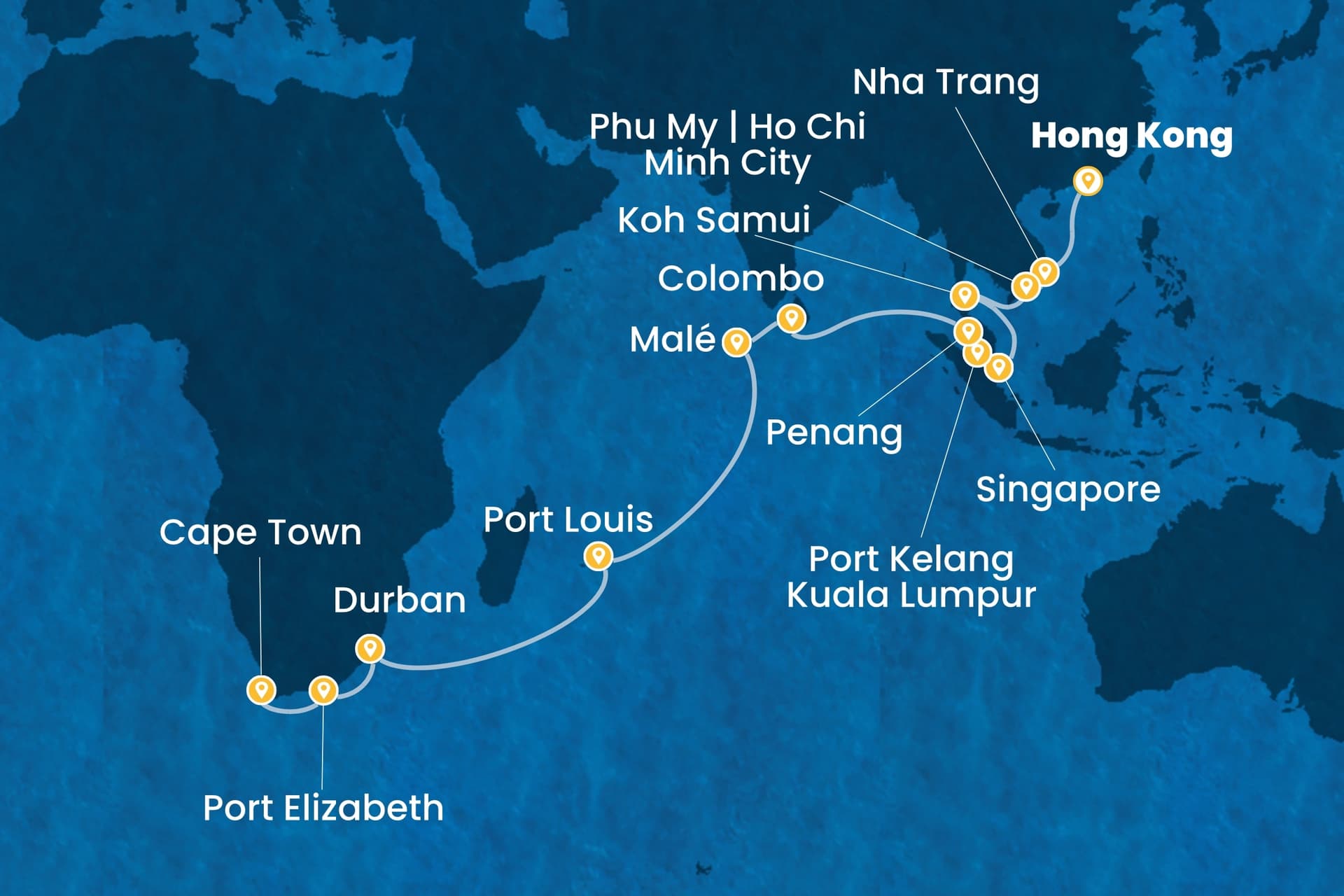 29 nights Extraordinary cruise on Costa Deliziosa
from ๐ญ๐ฐ Hong Kong to ๐ฟ๐ฆ Cape Town