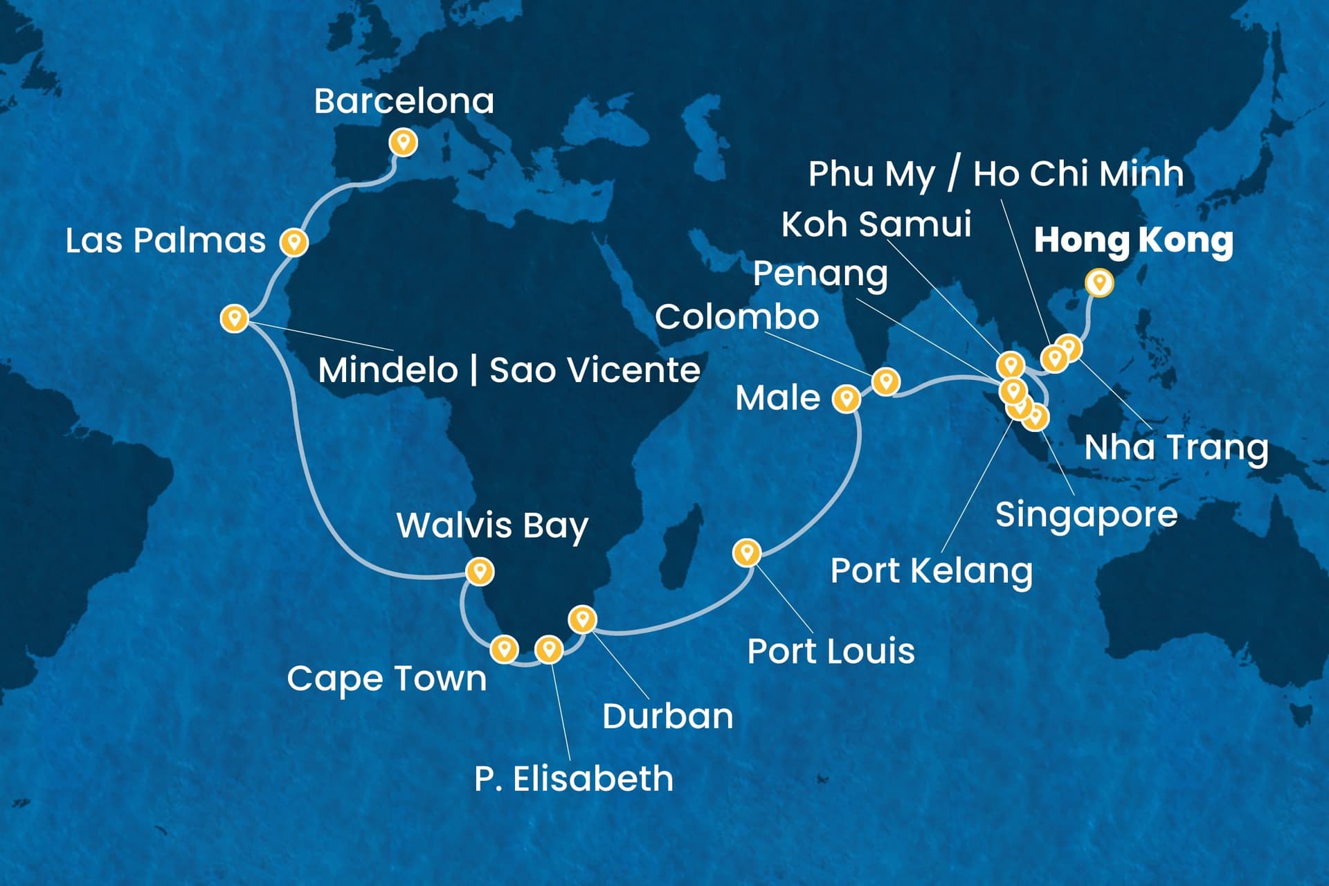 46 nights Extraordinary cruise on Costa Deliziosa
from ๐ญ๐ฐ Hong Kong to ๐ช๐ธ Barcelona