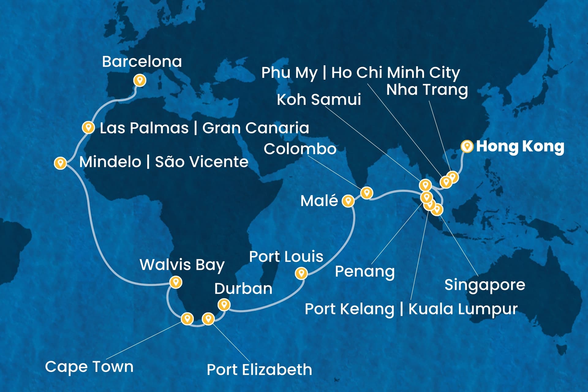 46 nights Extraordinary cruise on Costa Deliziosa
from ๐ญ๐ฐ Hong Kong to ๐ช๐ธ Barcelona