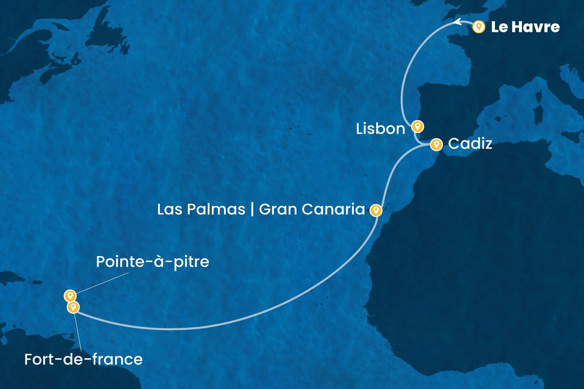 14 nights cruise on Costa Favolosa
from ๐ซ๐ท Le Havre to ๐ฌ๐ต Pointe a Pitre