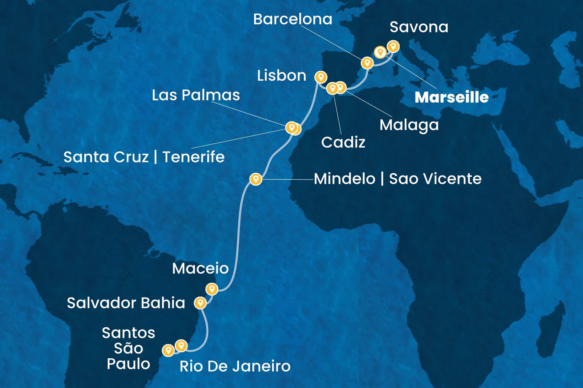 22 nights cruise on Costa Diadema
from ๐ซ๐ท Marseille to ๐ง๐ท Santos (Sao Paulo)