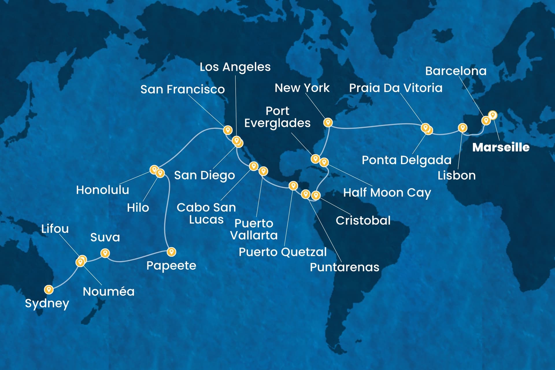 64 nights Extraordinary cruise on Costa Deliziosa
from ๐ซ๐ท Marseille to ๐ฆ๐บ Sydney