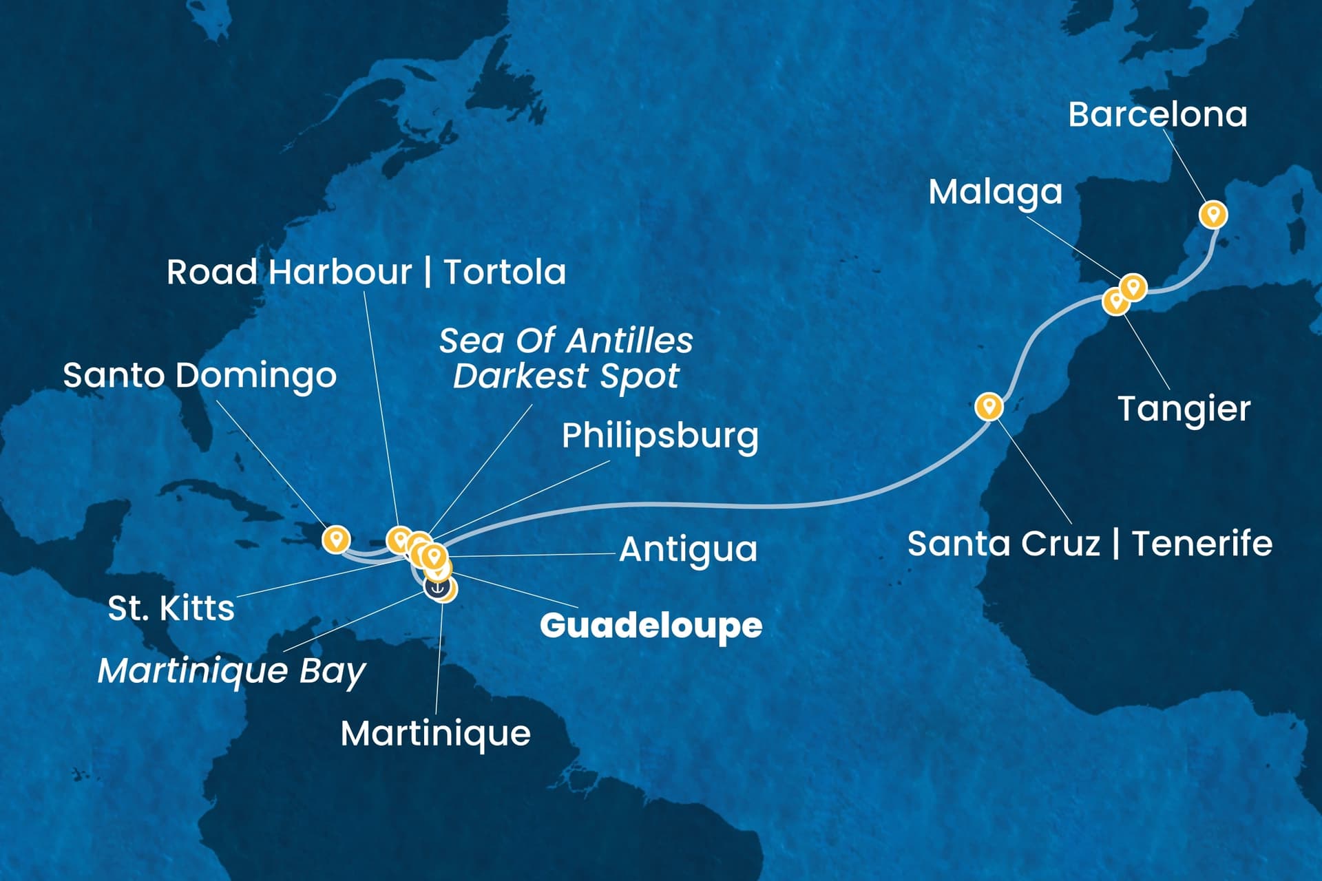 21 nights cruise on Costa Favolosa
from ๐ฌ๐ต Pointe a Pitre to ๐ช๐ธ Barcelona