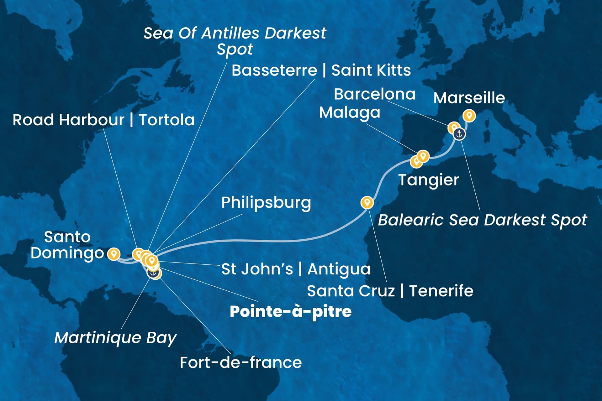 22 nights cruise on Costa Favolosa
from ๐ฌ๐ต Pointe a Pitre to ๐ซ๐ท Marseille