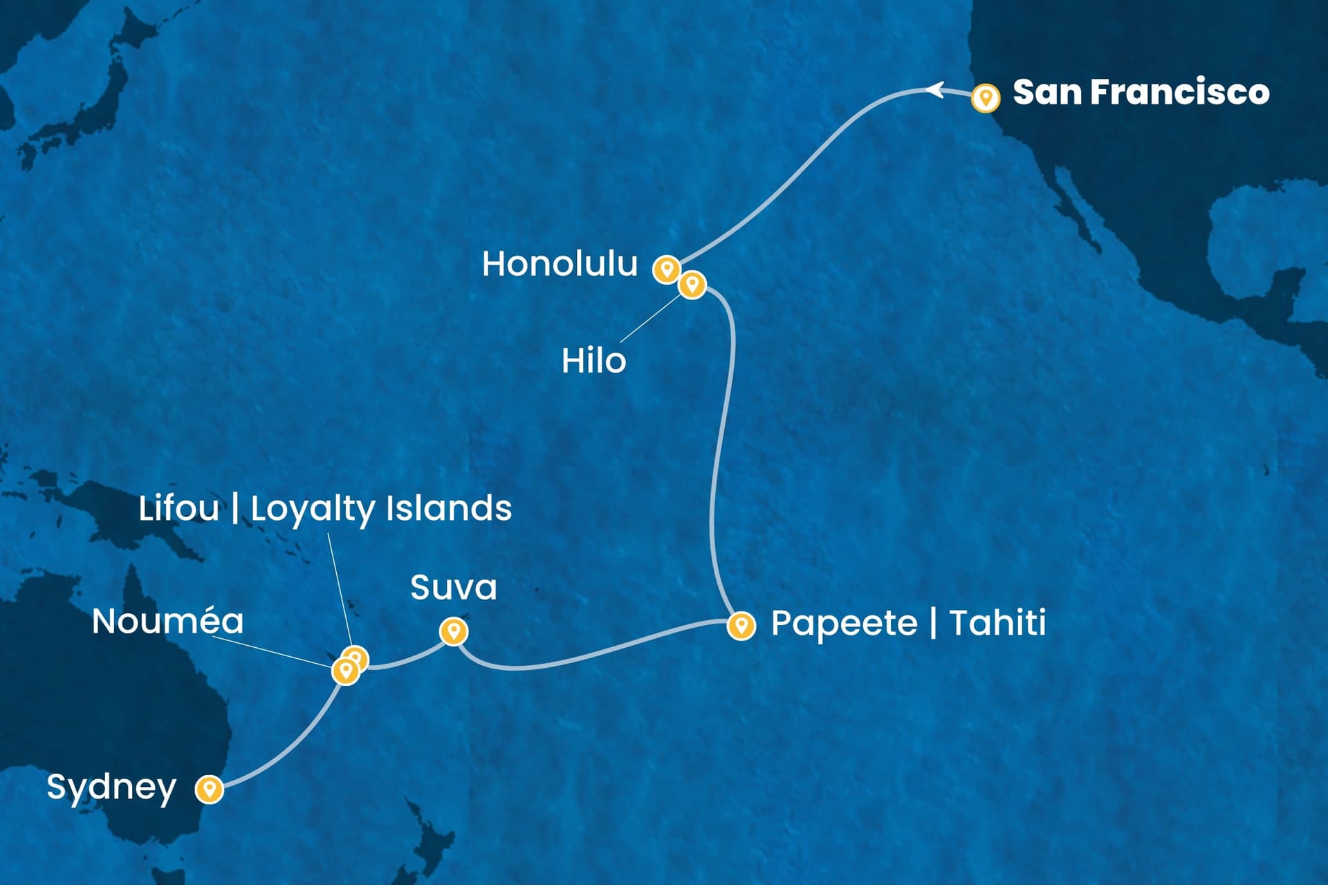 26 nights Extraordinary cruise on Costa Deliziosa
from ๐บ๐ธ San Francisco to ๐ฆ๐บ Sydney