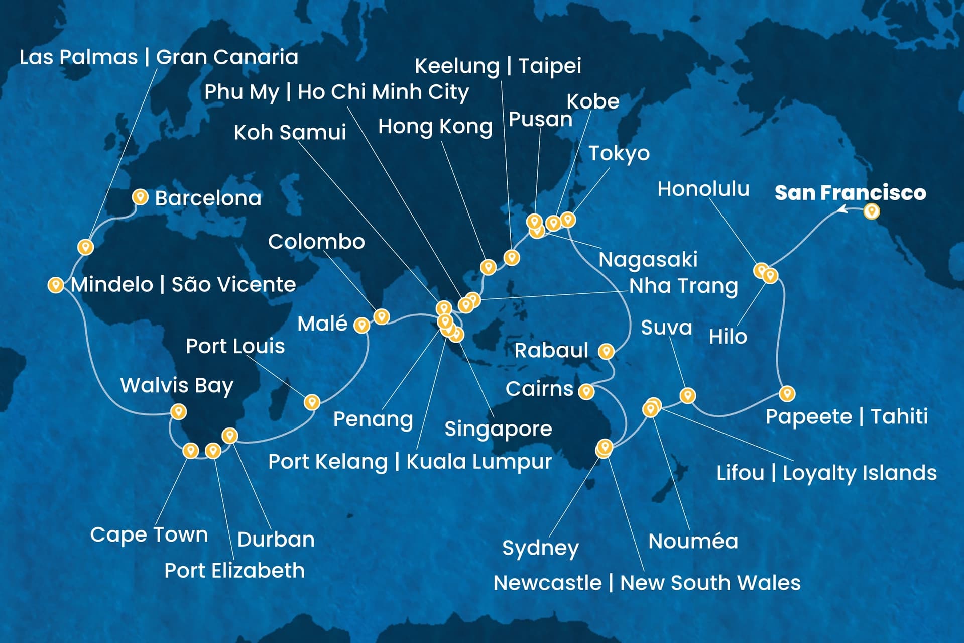 97 nights Extraordinary cruise on Costa Deliziosa
from ๐บ๐ธ San Francisco to ๐ช๐ธ Barcelona