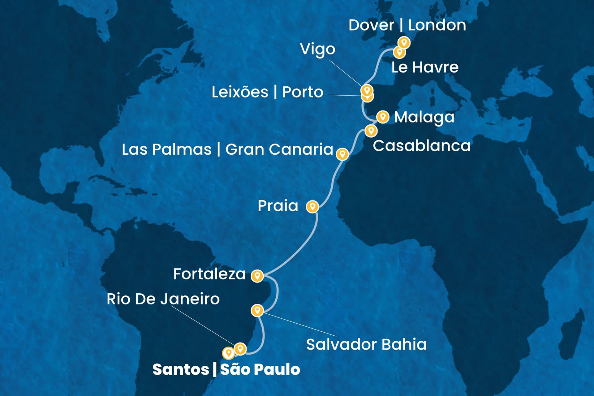22 nights cruise on Costa Diadema
from ๐ง๐ท Santos (Sรฃo Paulo) to ๐ฌ๐ง Dover