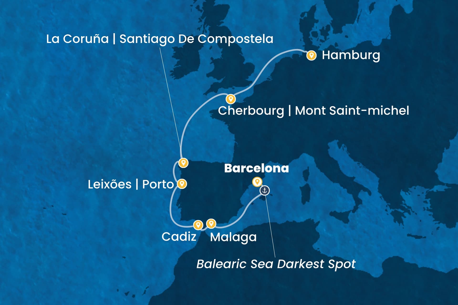 10 nights cruise on Costa Favolosa
from ๐ช๐ธ Barcelona to ๐ฉ๐ช Hamburg