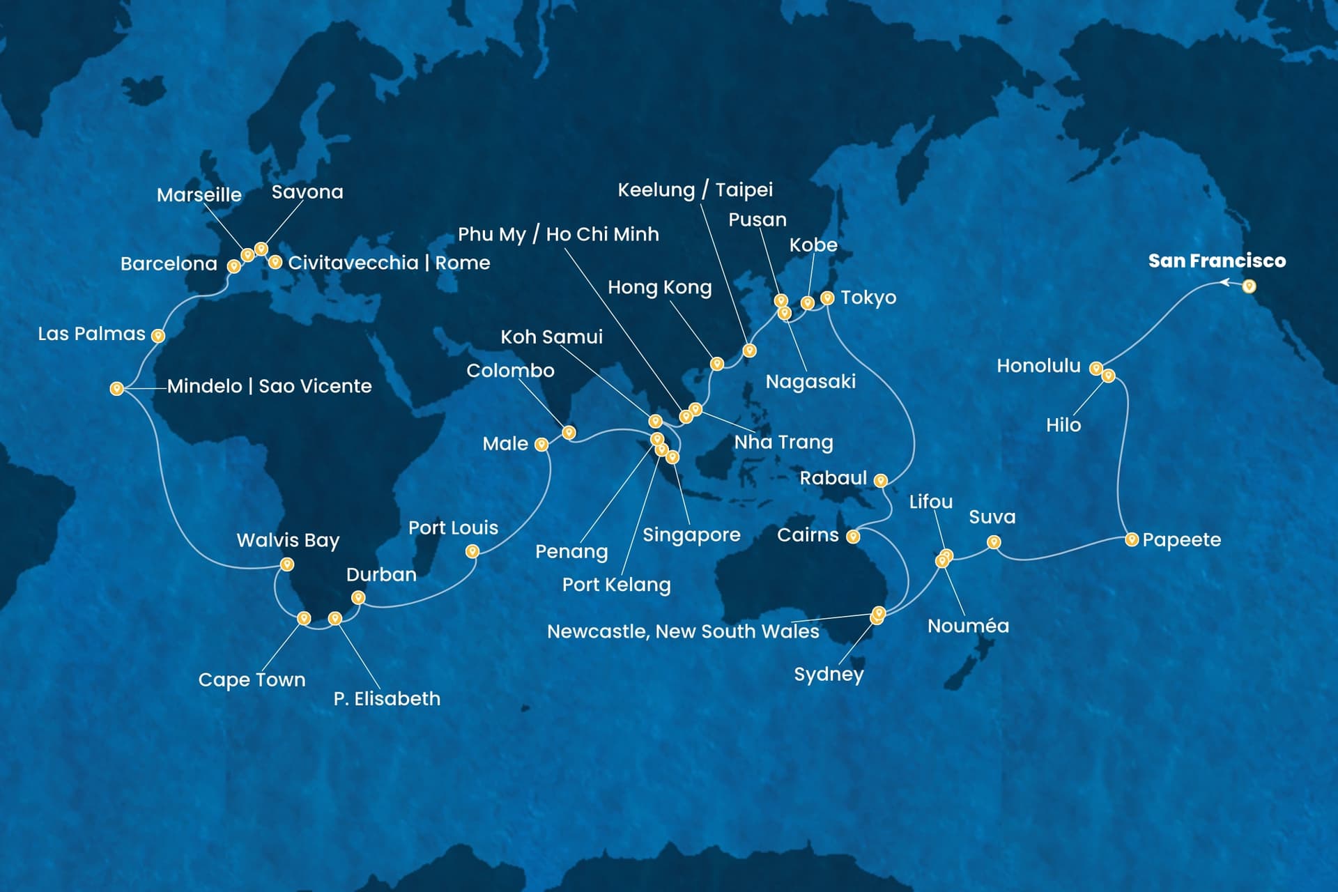100 nights Extraordinary cruise on Costa Deliziosa
from ๐บ๐ธ San Francisco to ๐ฎ๐น Civitavecchia