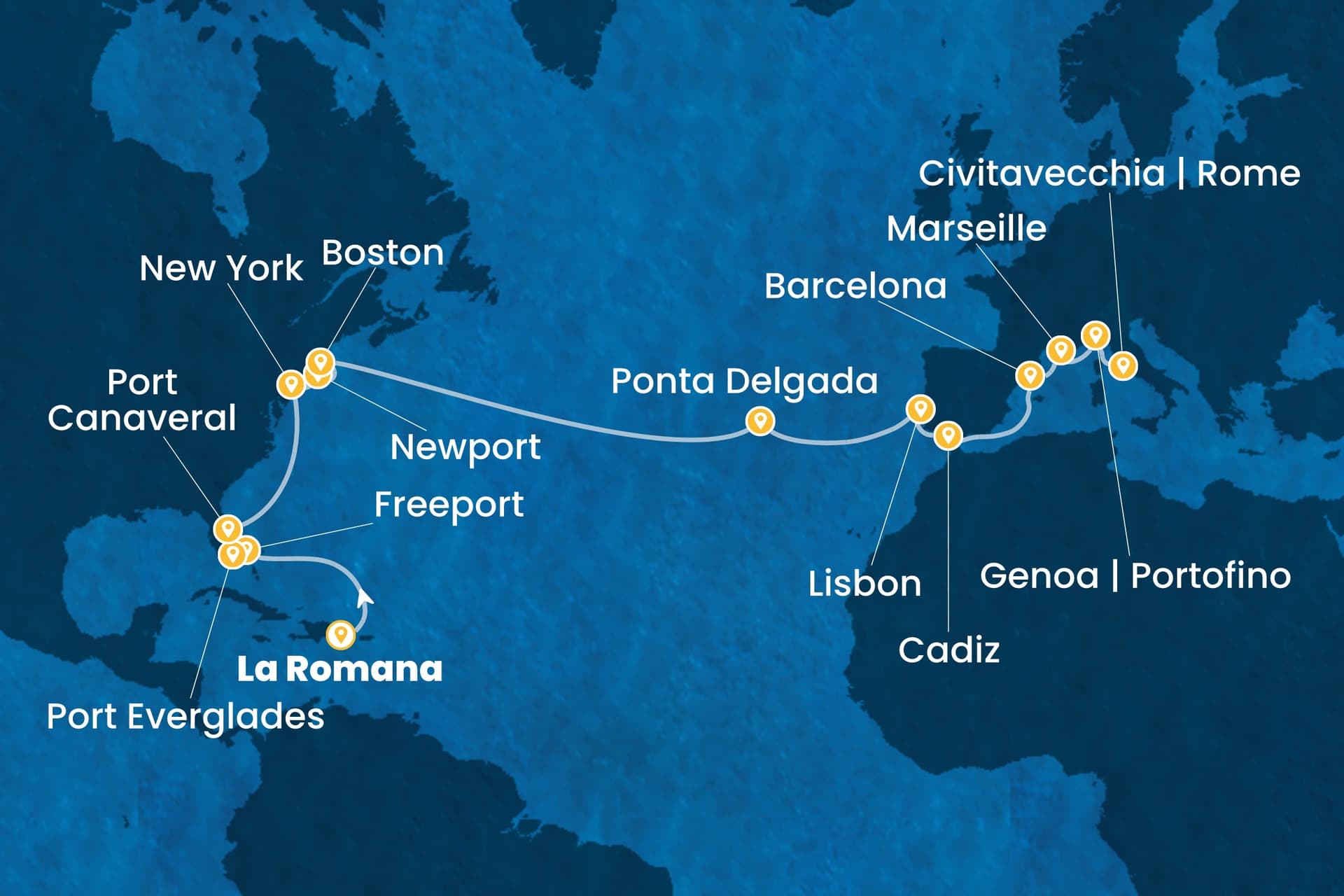 25 nights cruise on Costa Fascinosa
from ๐ฉ๐ด La Romana to ๐ฎ๐น Civitavecchia