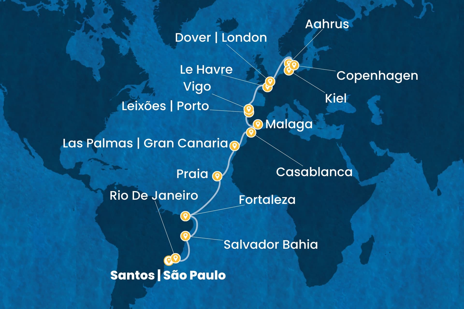 27 nights cruise on Costa Diadema
from ๐ง๐ท Santos (Sรฃo Paulo) to ๐ฉ๐ฐ Copenhagen