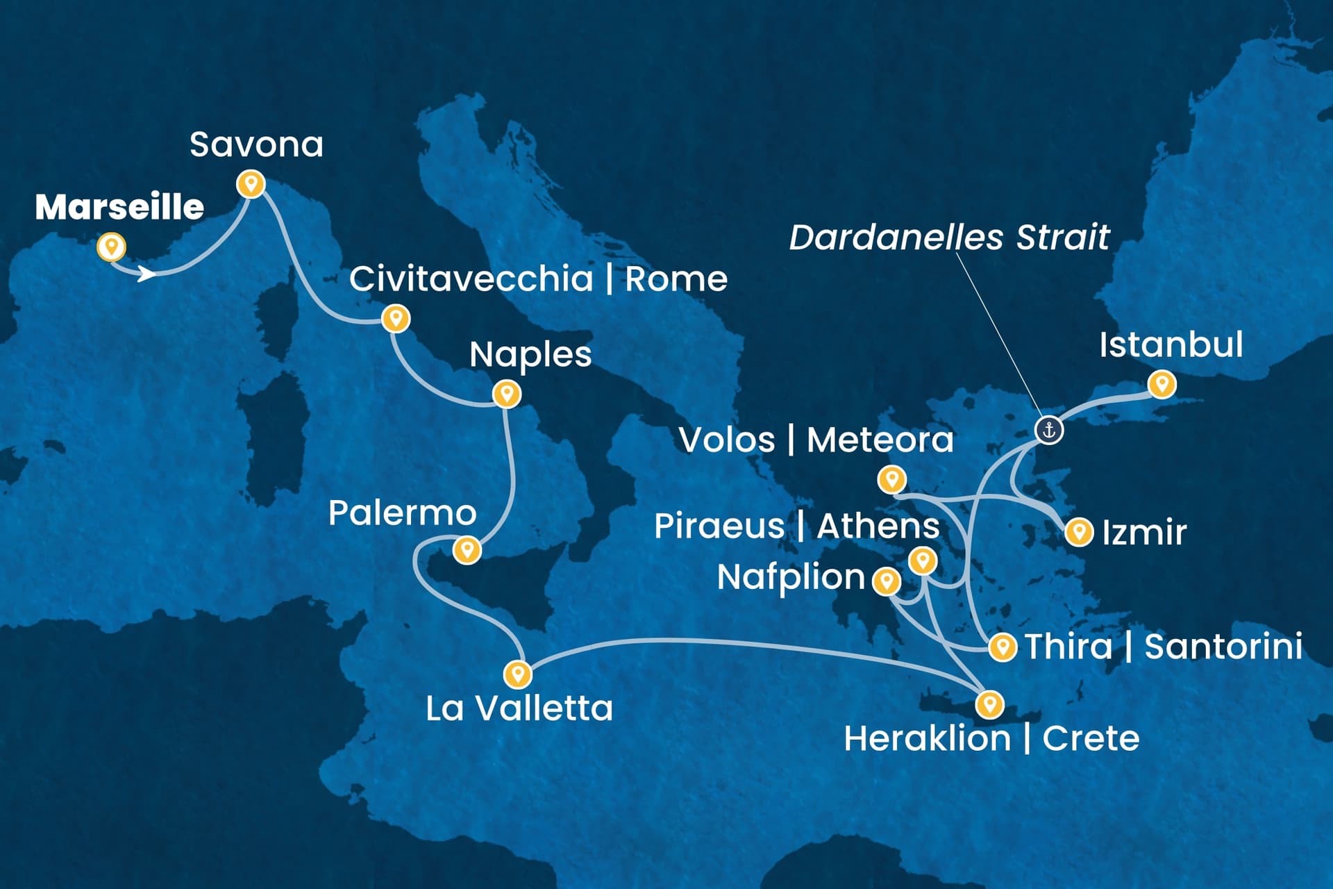 15 nights cruise on Costa Pacifica
from ๐ซ๐ท Marseille to ๐ฌ๐ท Piraeus