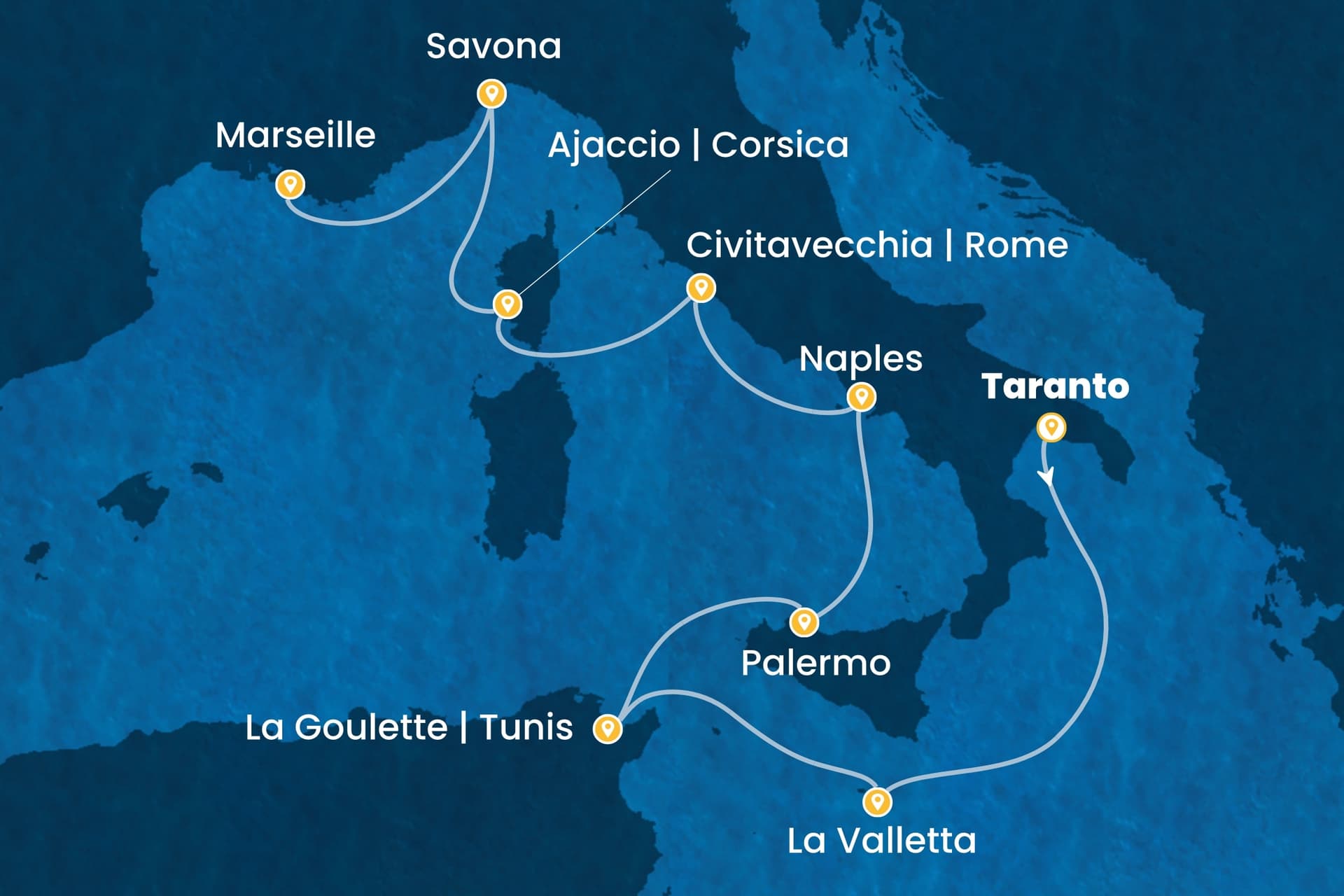 8 nights cruise on Costa Fascinosa
from ๐ฎ๐น Taranto to ๐ซ๐ท Marseille