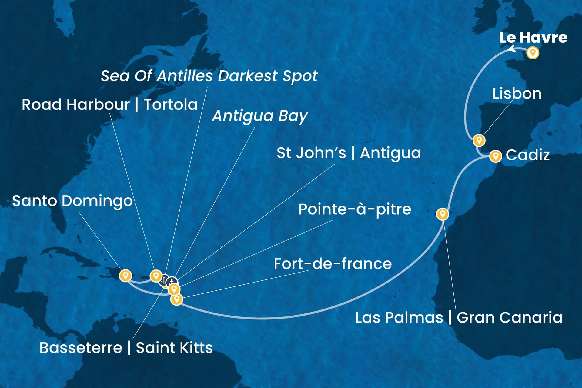 20 nights cruise on Costa Favolosa
from ๐ซ๐ท Le Havre to ๐ฌ๐ต Pointe a Pitre