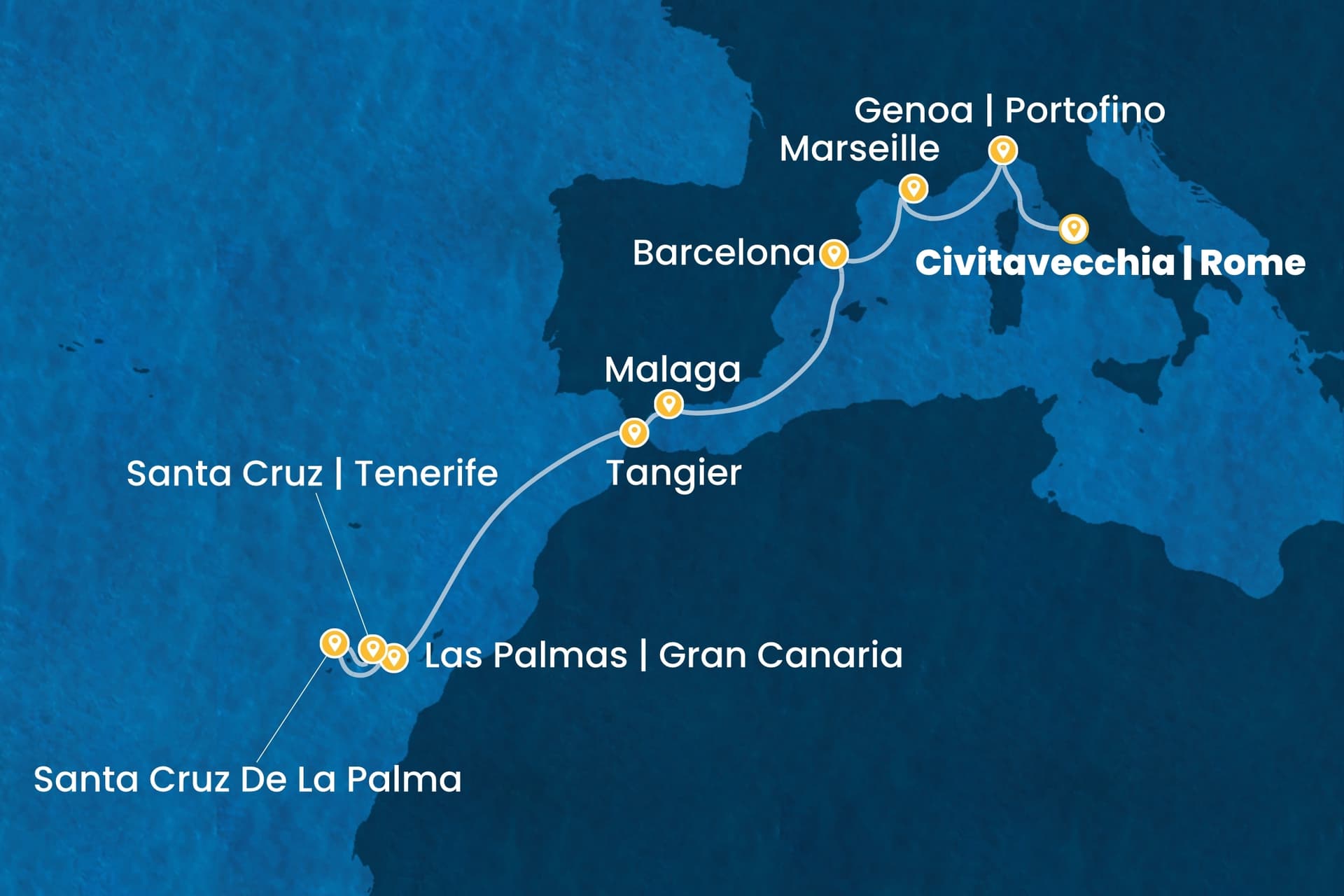 10 nights cruise on Costa Smeralda
from ๐ฎ๐น Civitavecchia to ๐ช๐ธ Tenerife
