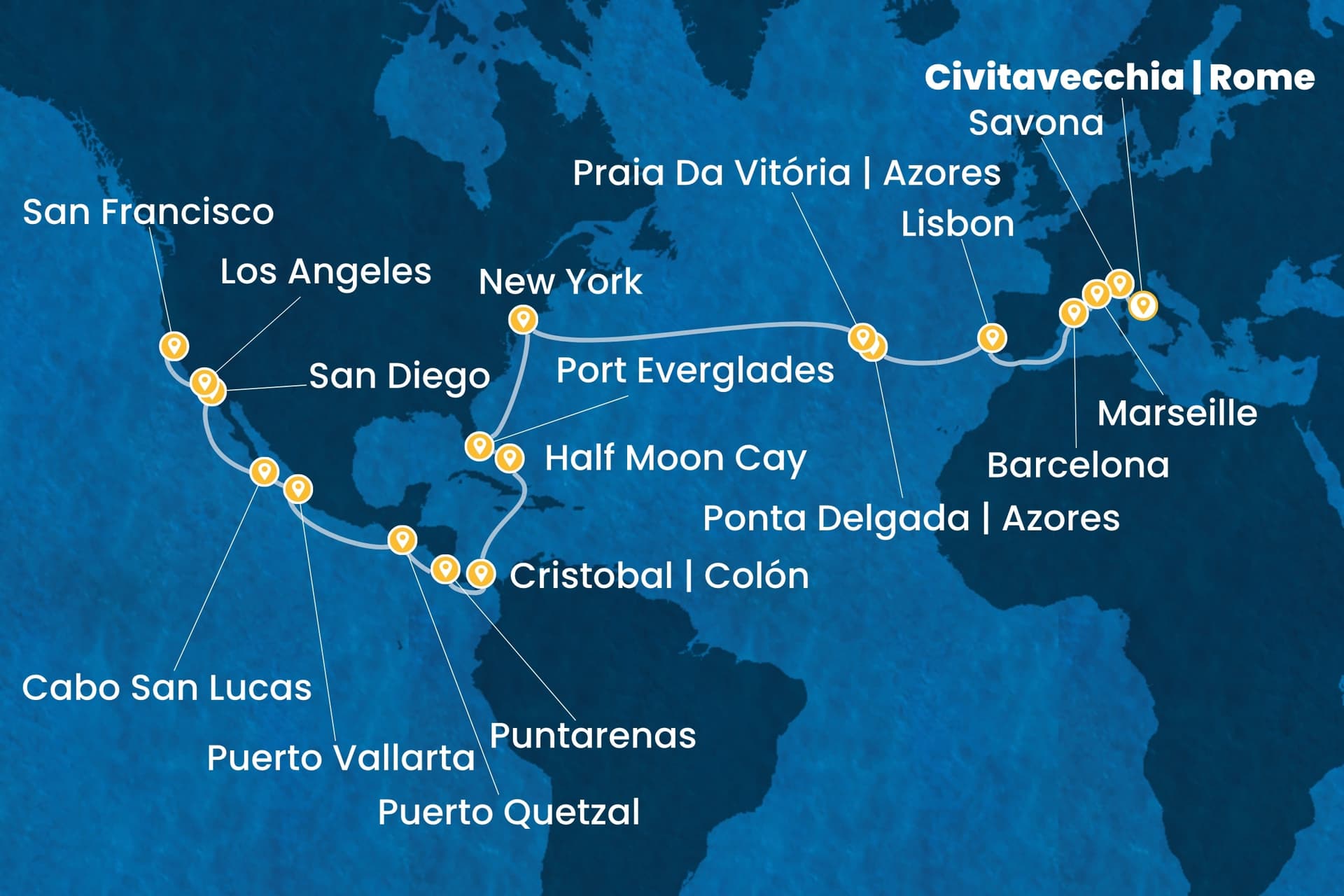 40 nights Extraordinary cruise on Costa Deliziosa
from ๐ฎ๐น Civitavecchia to ๐บ๐ธ San Francisco