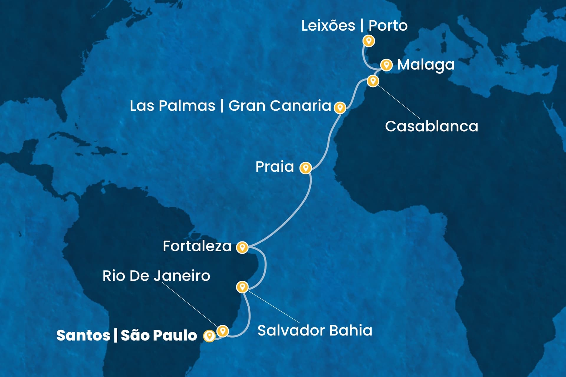 18 nights cruise on Costa Diadema
from ๐ง๐ท Santos (Sao Paulo) to ๐ต๐น Leixoes