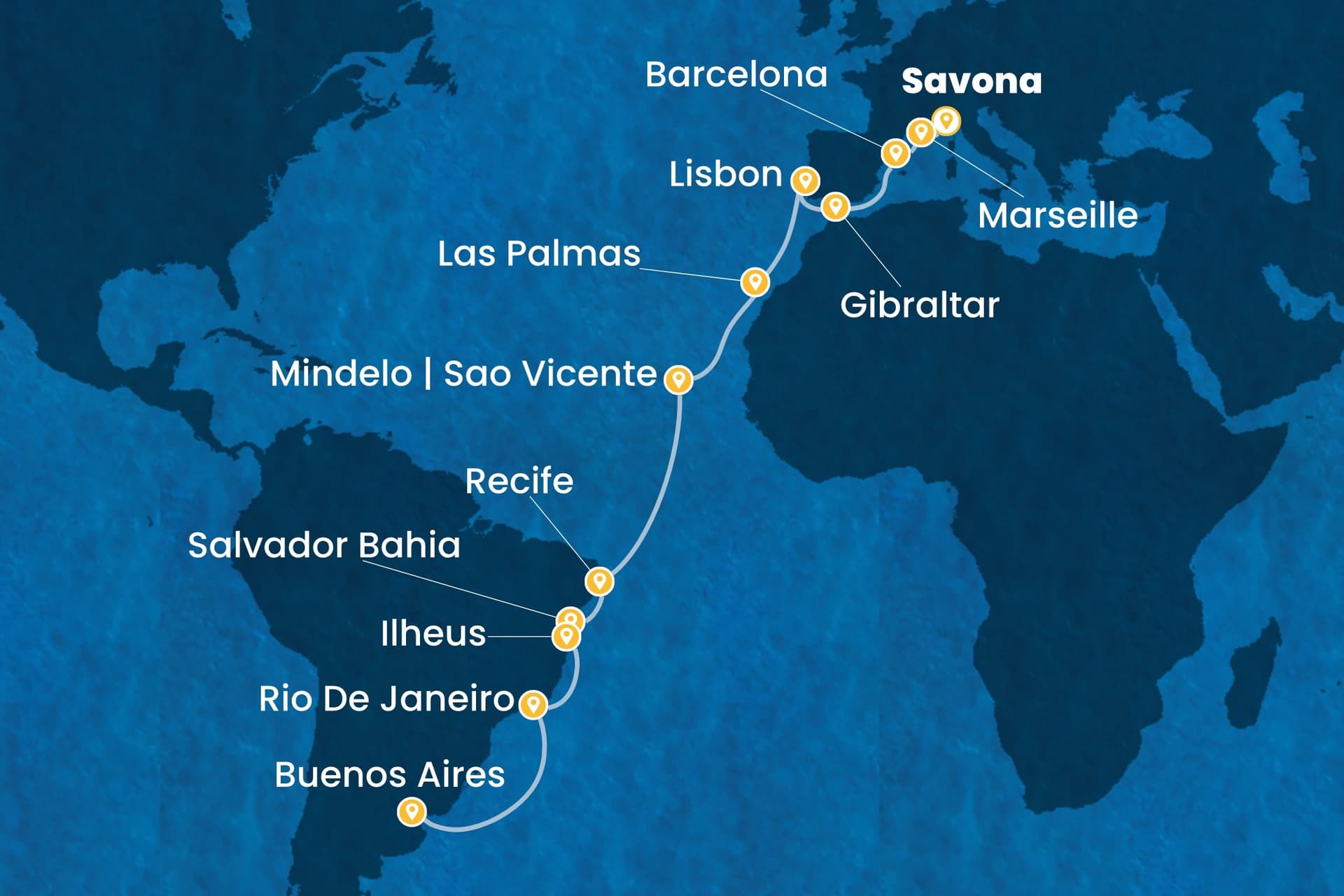 22 nights cruise on Costa Favolosa
from ๐ฎ๐น Savona to ๐ฆ๐ท Buenos Aires