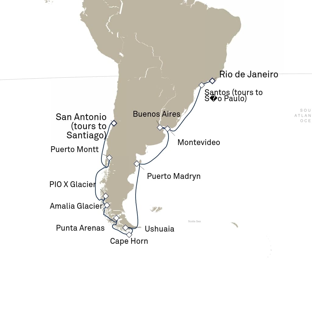20 nights Extraordinary cruise on Queen Anne
from ๐ง๐ท Rio de Janeiro to ๐จ๐ฑ San Antonio
