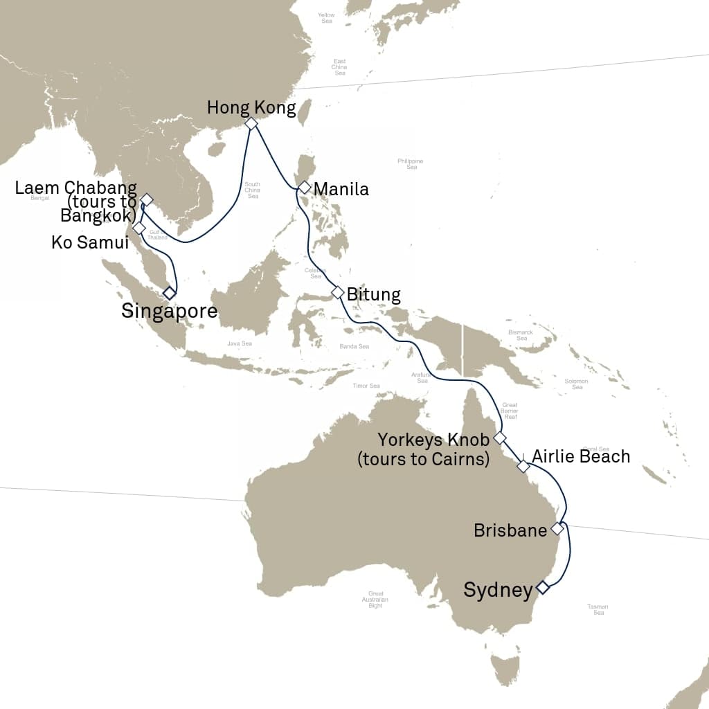 27 nights Asian cruise on Queen Anne
from ๐ฆ๐บ Sydney to ๐ธ๐ฌ Singapore