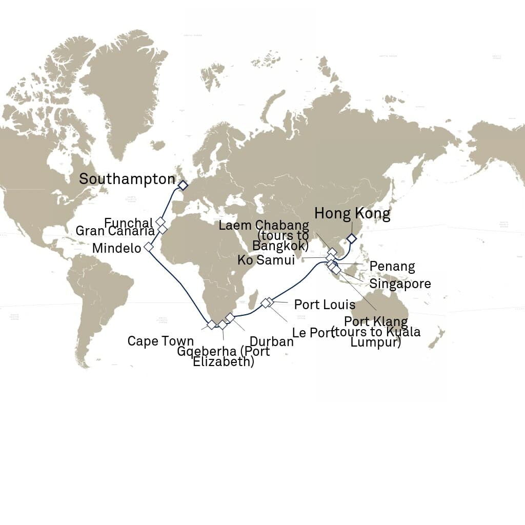 48 nights Extraordinary cruise on Queen Anne
from ๐ญ๐ฐ Hong Kong to ๐ฌ๐ง Southampton