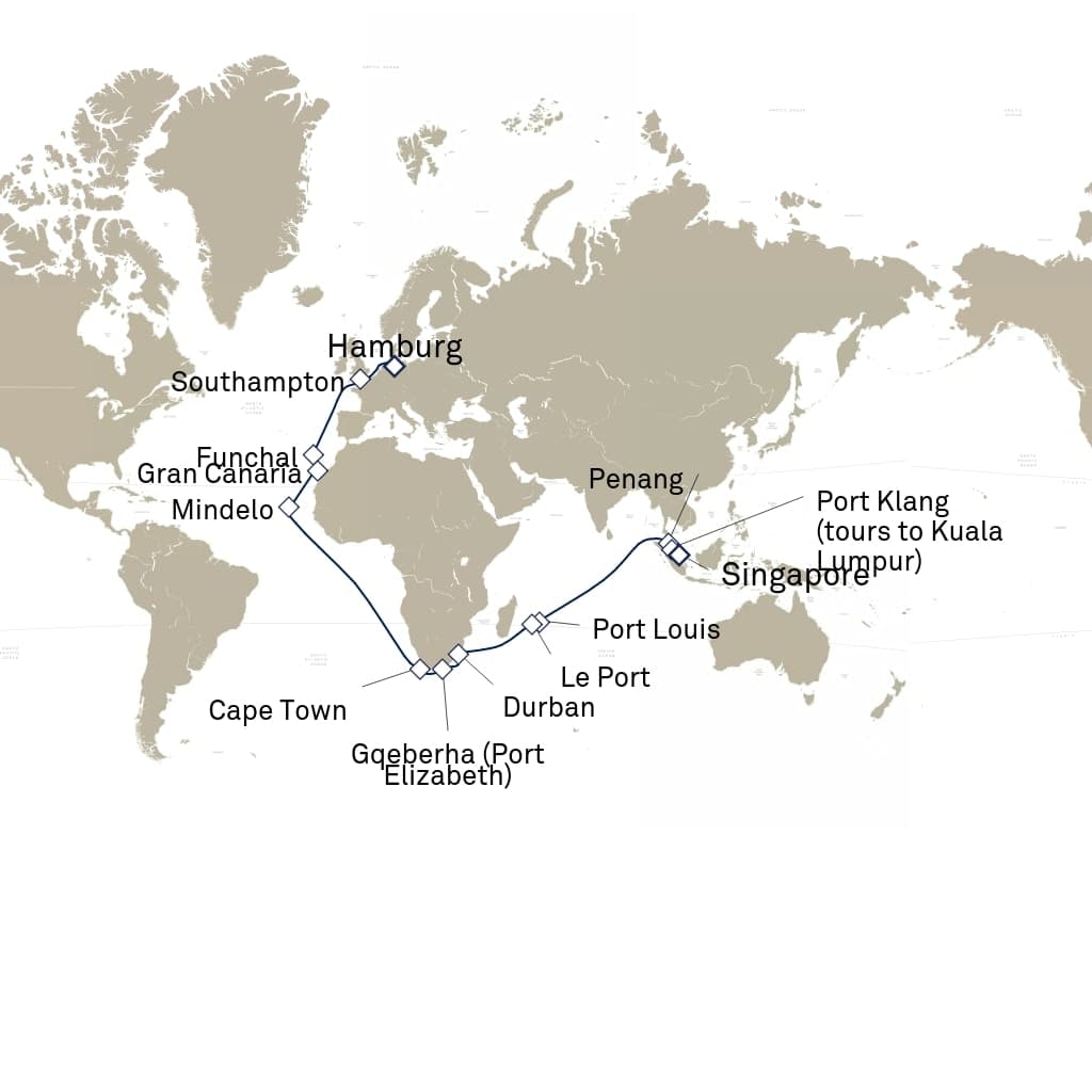 40 nights Extraordinary cruise on Queen Anne
from ๐ธ๐ฌ Singapore to ๐ฉ๐ช Hamburg