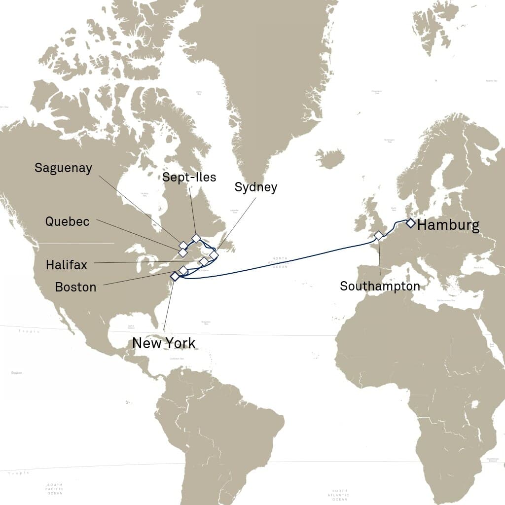 24 nights North East American cruise on Queen Mary 2
from ๐บ๐ธ New York to ๐ฉ๐ช Hamburg