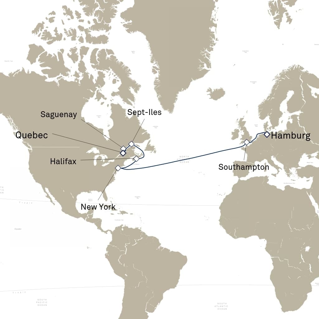 16 nights Transatlantic cruise on Queen Mary 2
from ๐จ๐ฆ Quebec City to ๐ฉ๐ช Hamburg