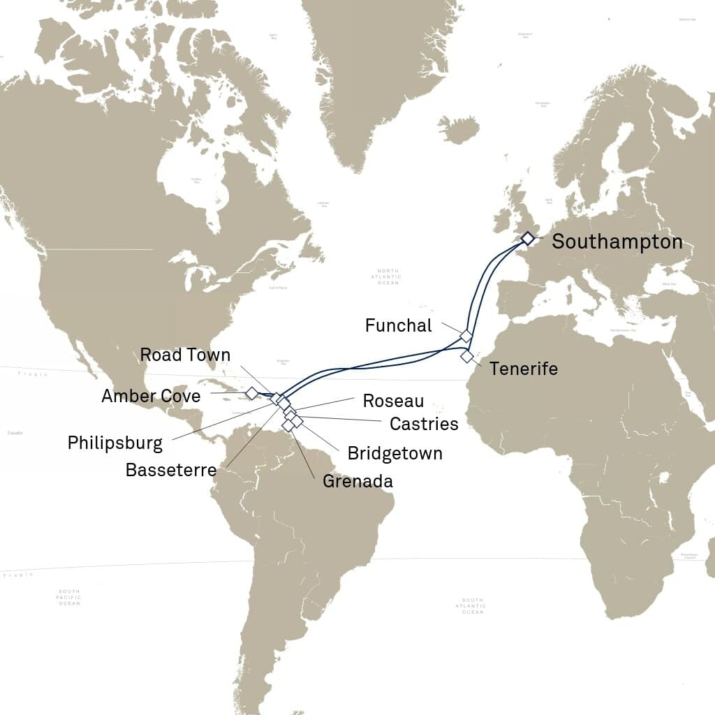 34 nights Caribbean cruise on Queen Mary 2
from ๐ฌ๐ง Southampton
