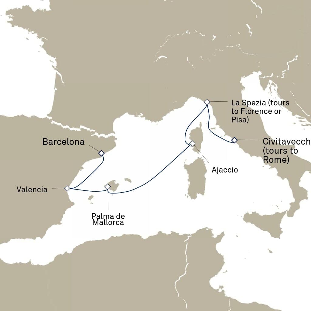 7 nights Mediterranean cruise on Queen Elizabeth
from ๐ฎ๐น Civitavecchia to ๐ช๐ธ Barcelona