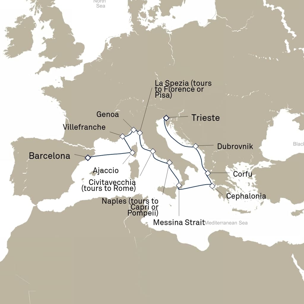 14 nights Mediterranean cruise on Queen Elizabeth
from ๐ฎ๐น Trieste to ๐ช๐ธ Barcelona