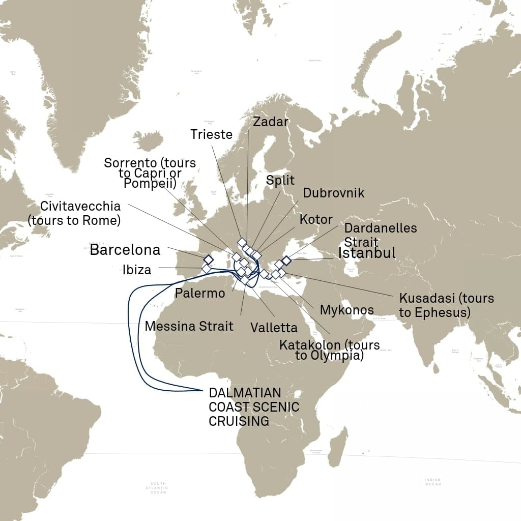 21 nights Mediterranean cruise on Queen Elizabeth
from ๐ฎ๐น Trieste to ๐น๐ท Istanbul