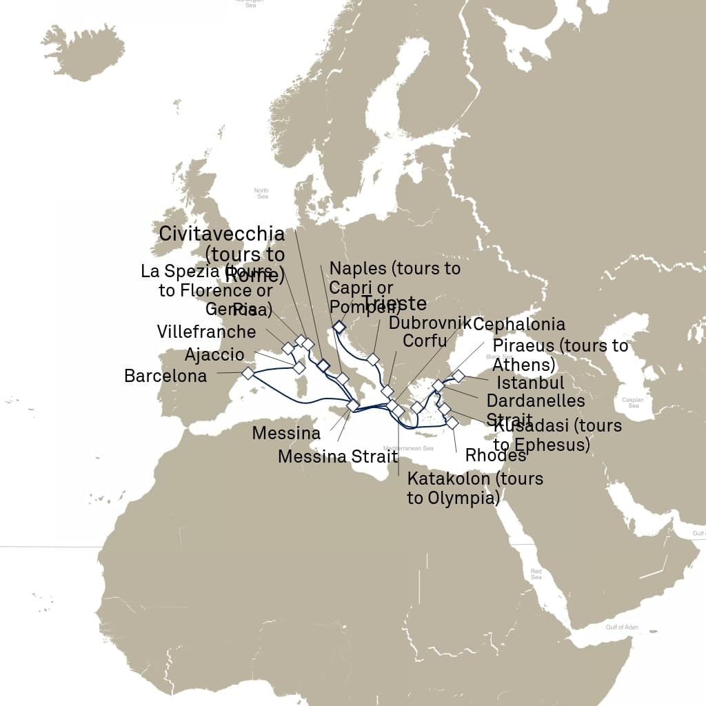 28 nights Mediterranean cruise on Queen Elizabeth
from ๐ฎ๐น Trieste to ๐ฎ๐น Civitavecchia