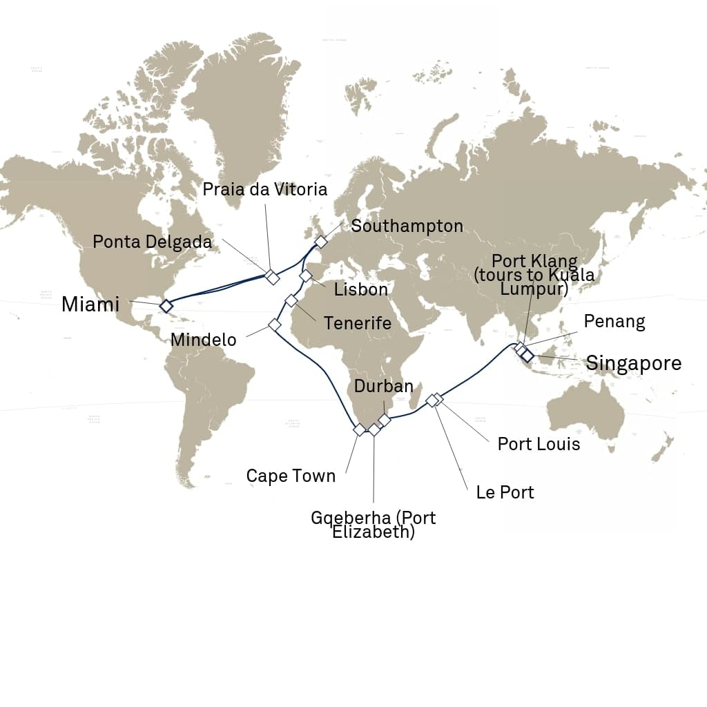 50 nights Extraordinary cruise on Queen Elizabeth
from ๐บ๐ธ Miami to ๐ธ๐ฌ Singapore