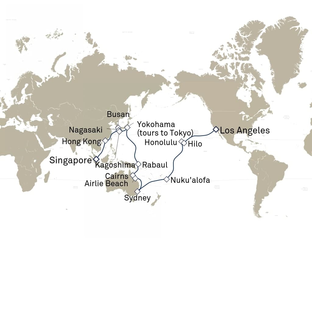 49 nights Asian cruise on Queen Elizabeth
from ๐ธ๐ฌ Singapore to ๐บ๐ธ Los Angeles