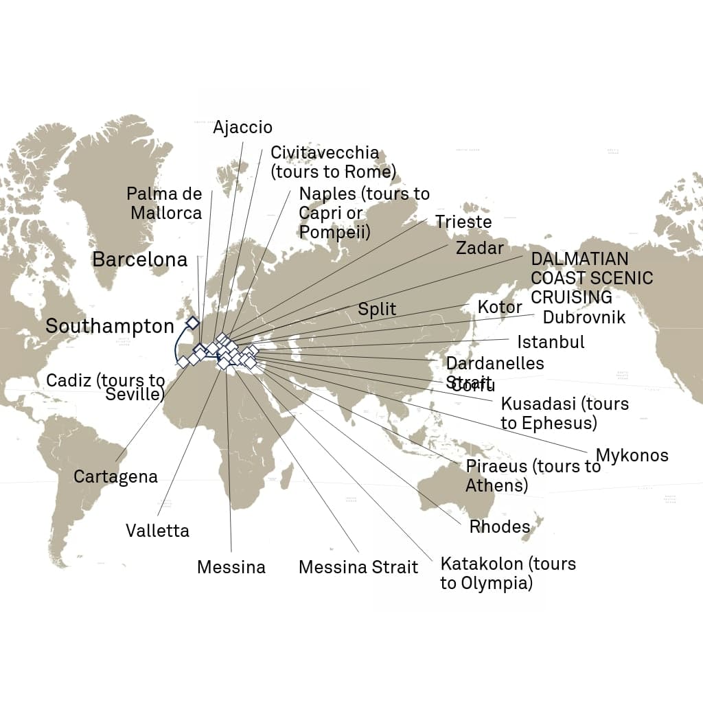 36 nights Mediterranean cruise on Queen Elizabeth
from ๐ฌ๐ง Southampton to ๐ช๐ธ Barcelona