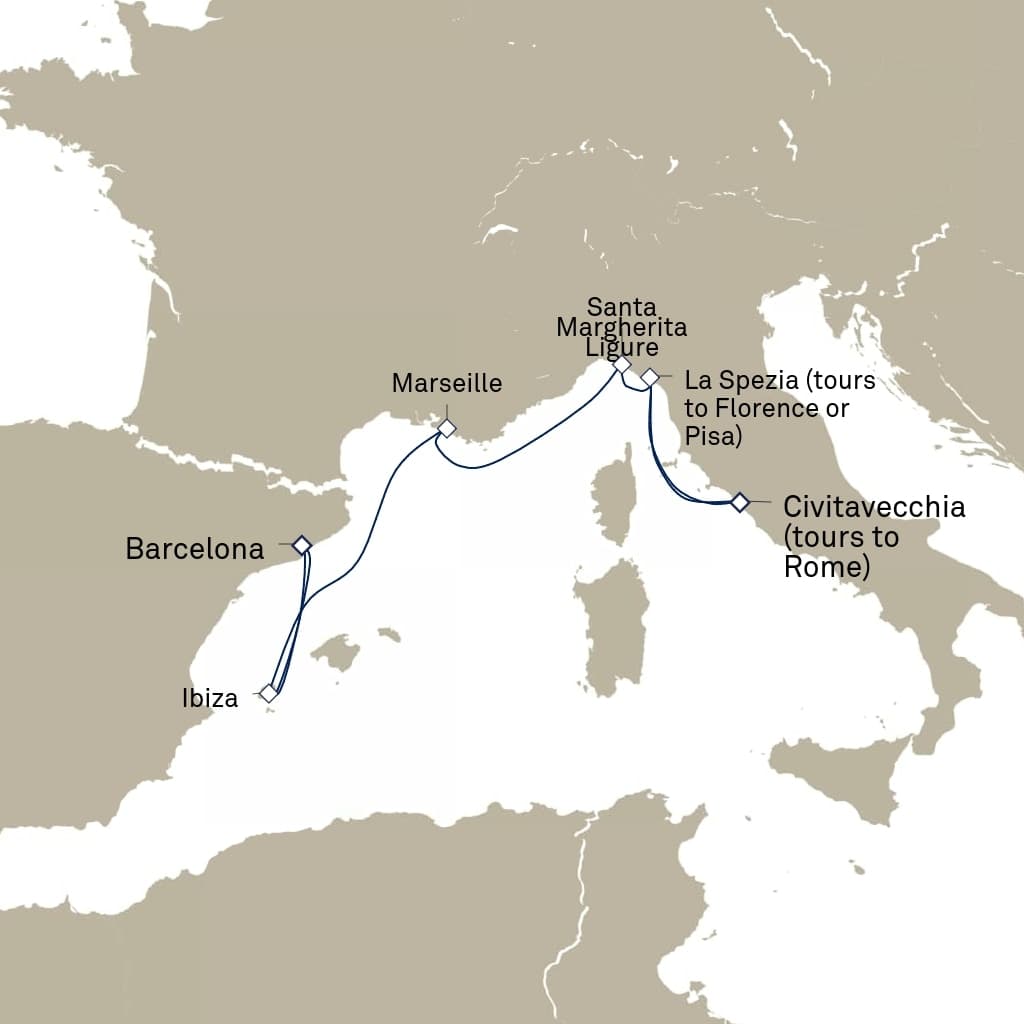 7 nights Mediterranean cruise on Queen Elizabeth
from ๐ช๐ธ Barcelona to ๐ฎ๐น Civitavecchia