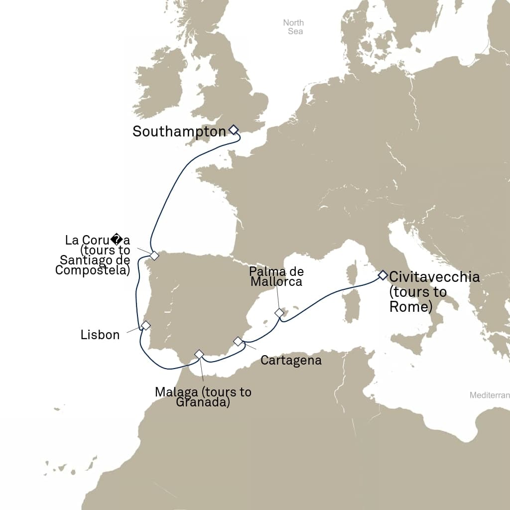 11 nights Mediterranean cruise on Queen Victoria
from ๐ฎ๐น Civitavecchia to ๐ฌ๐ง Southampton