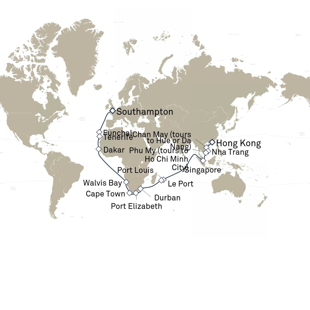 46 nights Extraordinary cruise on Queen Victoria
from ๐ญ๐ฐ Hong Kong to ๐ฌ๐ง Southampton
