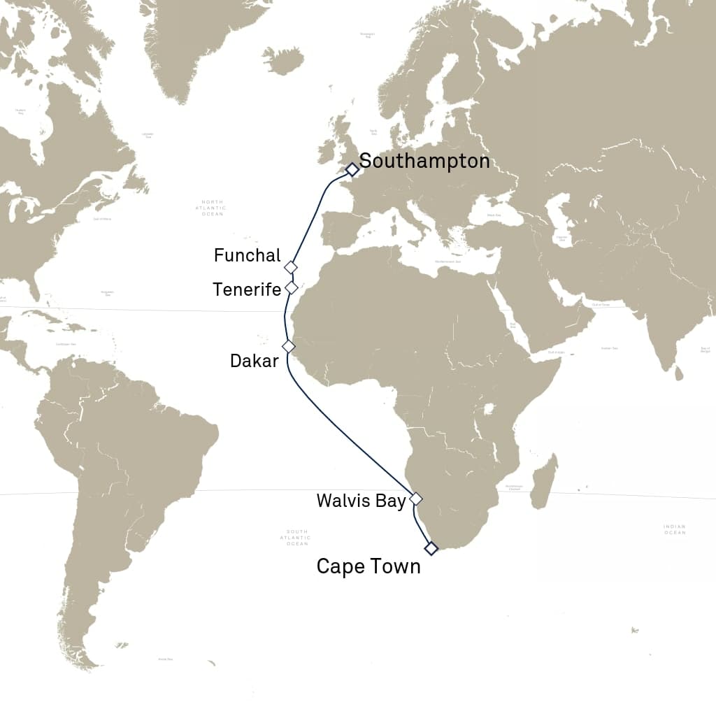 20 nights Extraordinary cruise on Queen Victoria
from ๐ฟ๐ฆ Cape Town to ๐ฌ๐ง Southampton