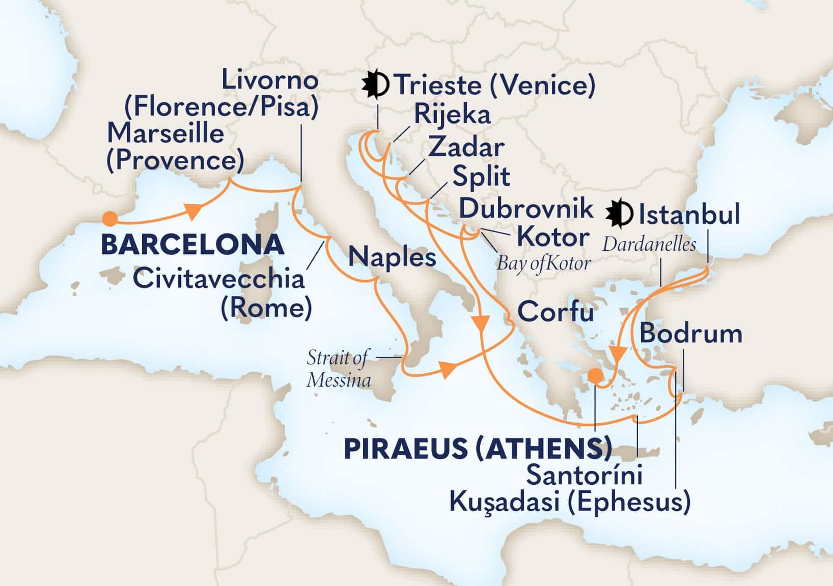 21 nights Mediterranean cruise on Oosterdam
from ๐ช๐ธ Barcelona to ๐ฌ๐ท Athens