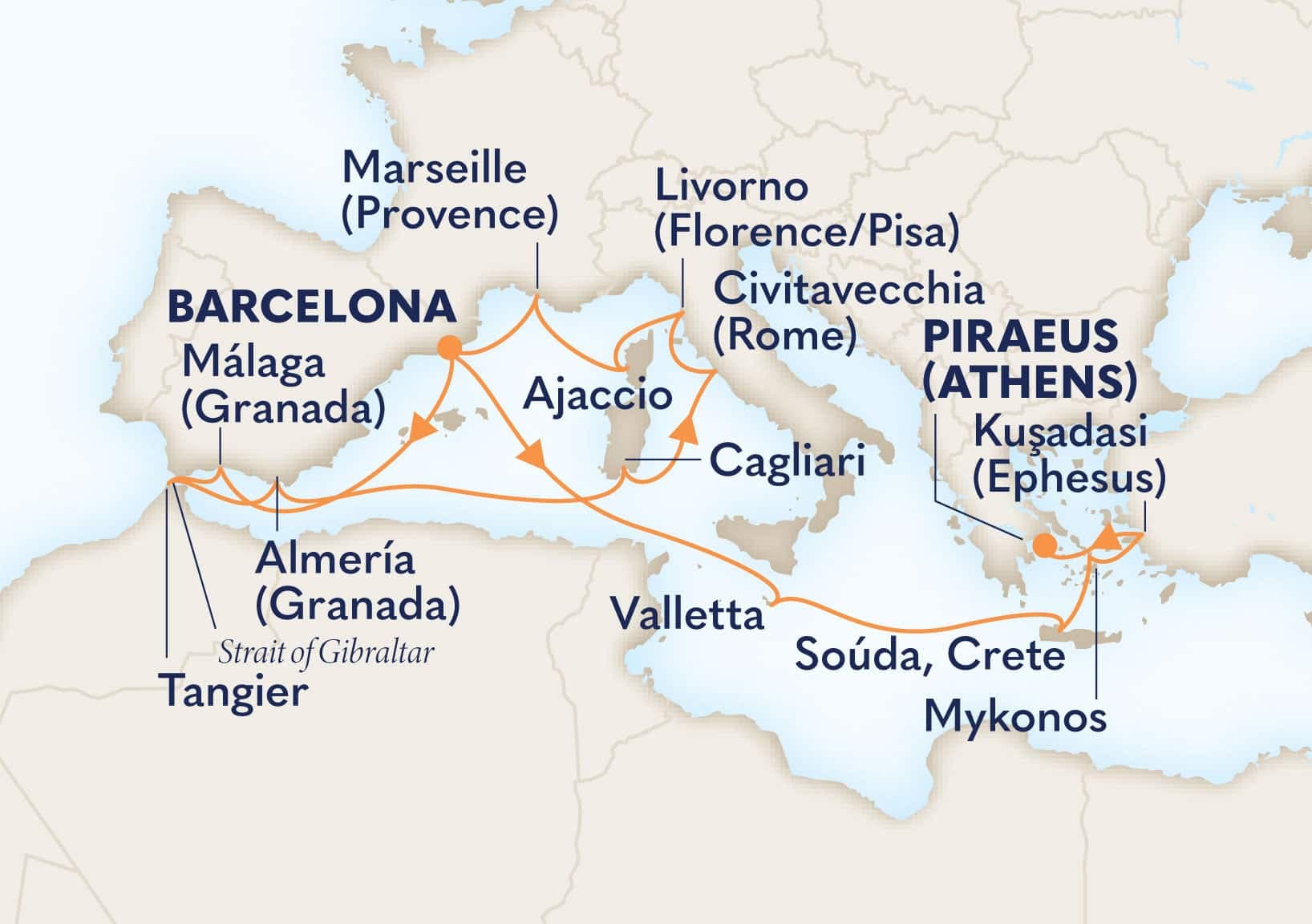 18 nights Mediterranean cruise on Oosterdam
from ๐ช๐ธ Barcelona to ๐ฌ๐ท Athens