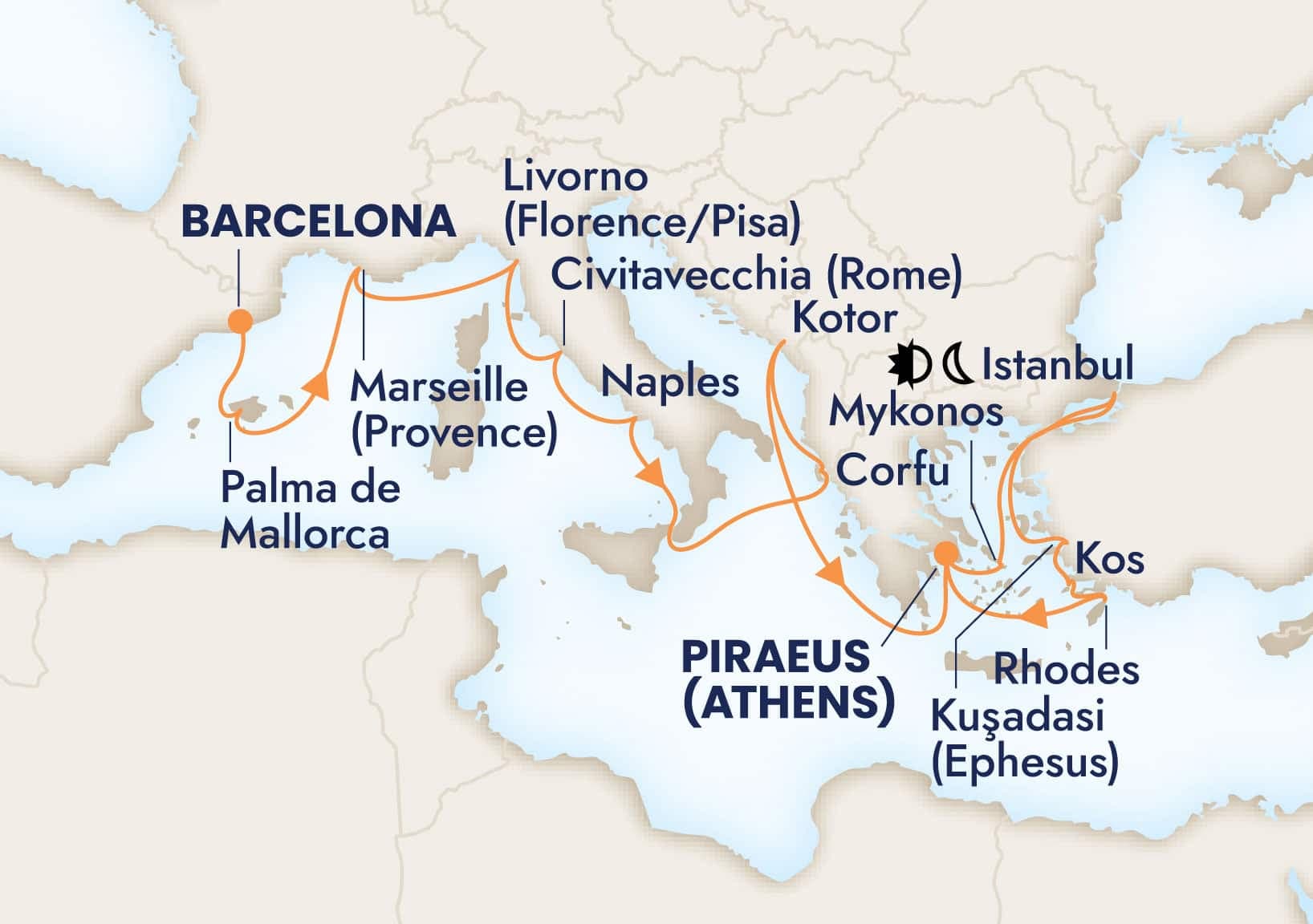 21 nights Mediterranean cruise on Rotterdam
from ๐ช๐ธ Barcelona to ๐ฌ๐ท Athens