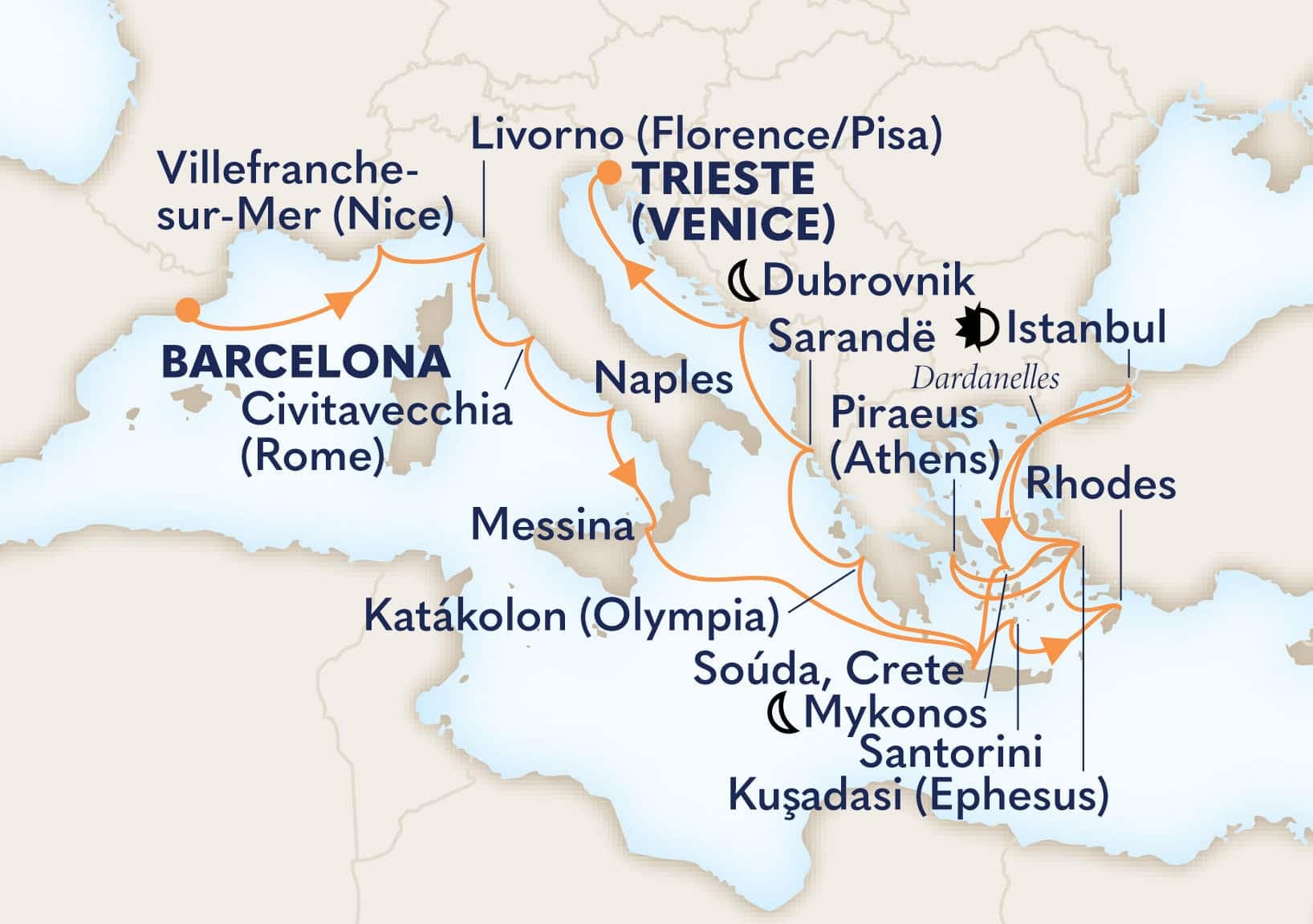 22 nights Mediterranean cruise on Oosterdam
from ๐ช๐ธ Barcelona to ๐ฎ๐น Trieste